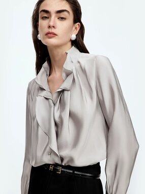 Elegant Grey Ruffle Blouse – New, French Style Workwear Top (S)